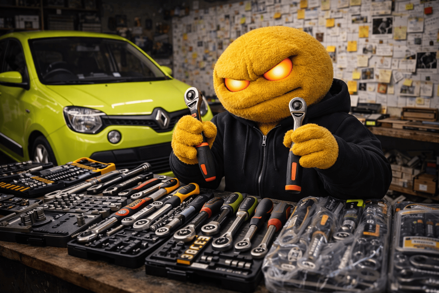 Vicesat en su taller probando y comparando herramientas de mecánica con Renault Twingo verde fosforito al fondo